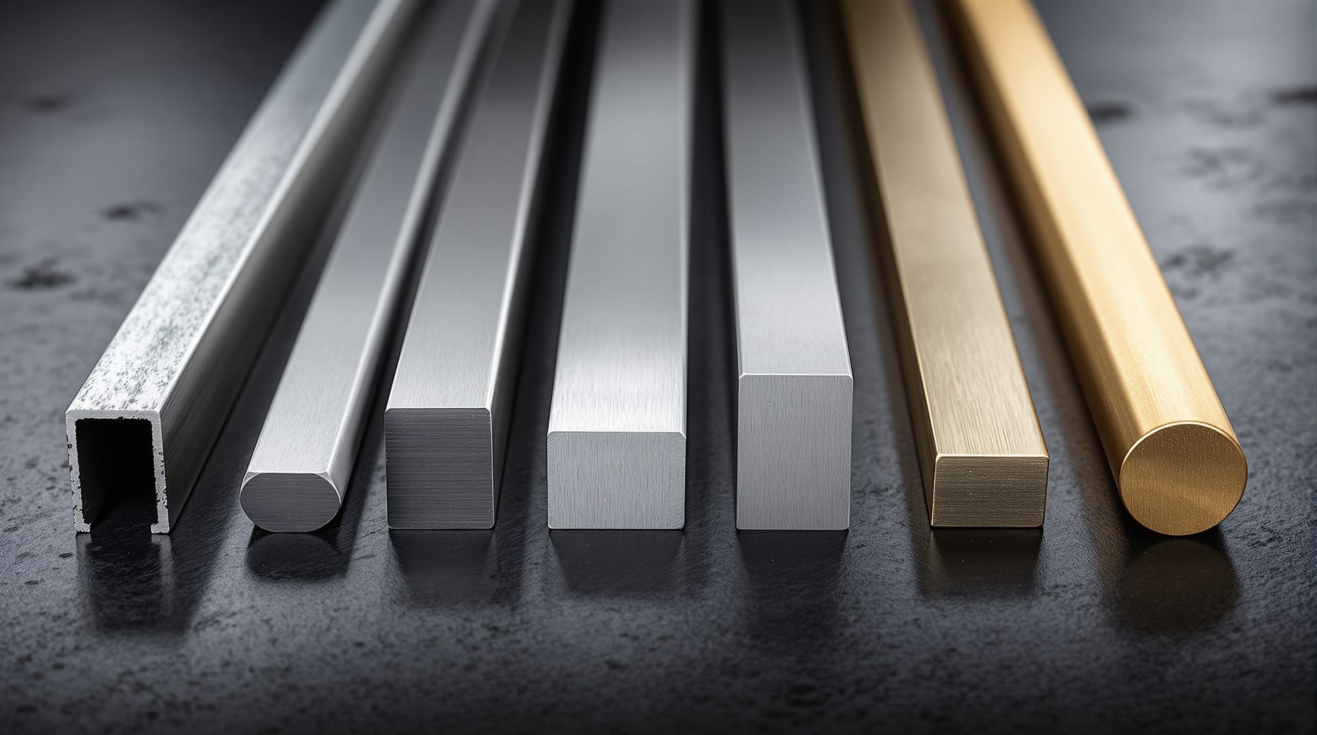 Six offcuts showing the surface differences between hot rolled, cold finished, stainless, aluminium, tool steel and brass